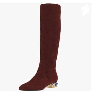 XYD Red Knee High Boot Rhinestone Side Zip Up Almond Toe Wide Calf Shoes